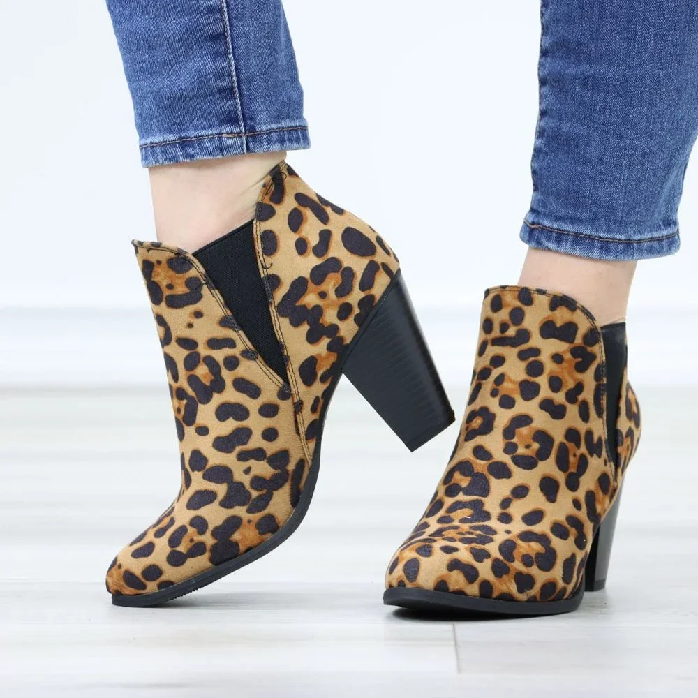 Chelsea Cone High Heel Ankle Boots Leopard Synthetic Suede Pointed Toe - Picture 10 of 11
